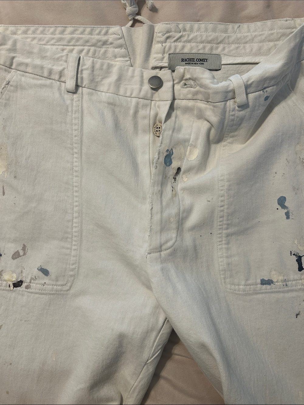 Rachel Comey White Painter-Style Jeans with Blue and Gray Splatter